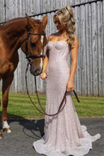 Load image into Gallery viewer, Shiny Light Blue Mermaid Spaghetti Straps Long Beaded Prom Dress