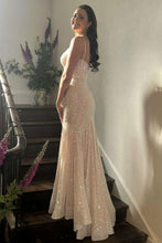 Load image into Gallery viewer, Shiny Light Blue Mermaid Spaghetti Straps Long Beaded Prom Dress