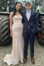 Load image into Gallery viewer, Shiny Light Blue Mermaid Spaghetti Straps Long Beaded Prom Dress