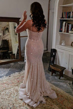 Load image into Gallery viewer, Shiny Light Blue Mermaid Spaghetti Straps Long Beaded Prom Dress