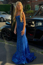Load image into Gallery viewer, Shiny Light Blue Mermaid Spaghetti Straps Long Beaded Prom Dress