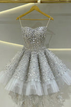 Load image into Gallery viewer, Silver Rhinestone A-Line Corset Homecoming Dress with Tulle Hem Mini Skirt