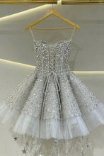 Load image into Gallery viewer, Silver Rhinestone A-Line Corset Homecoming Dress with Tulle Hem Mini Skirt
