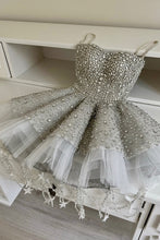 Load image into Gallery viewer, Silver Rhinestone A-Line Corset Homecoming Dress with Tulle Hem Mini Skirt