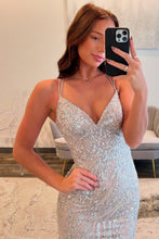Load image into Gallery viewer, Sparkly Mermaid Spaghetti Straps Silver Sequins Long Prom Dress with Criss Cross Back