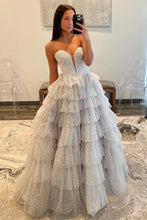 Load image into Gallery viewer, Gorgeous A Line Sweetheart Silver Long Prom Dress with Pearls Ruffles