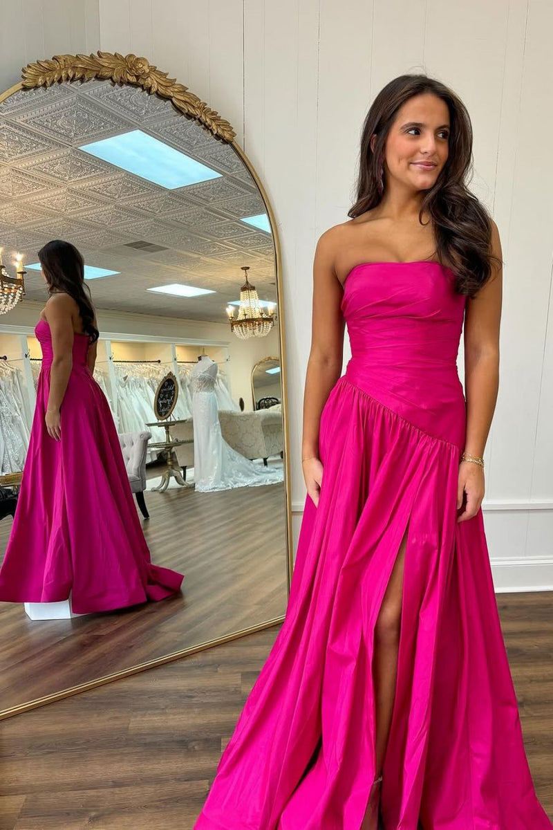 Ruffle A-Line V Neck Hot Pink Satin Prom Dress with Slit