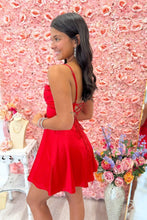 Load image into Gallery viewer, Simple A Line Spaghetti Straps Red Short Homecoming Dress with Criss Cross Back