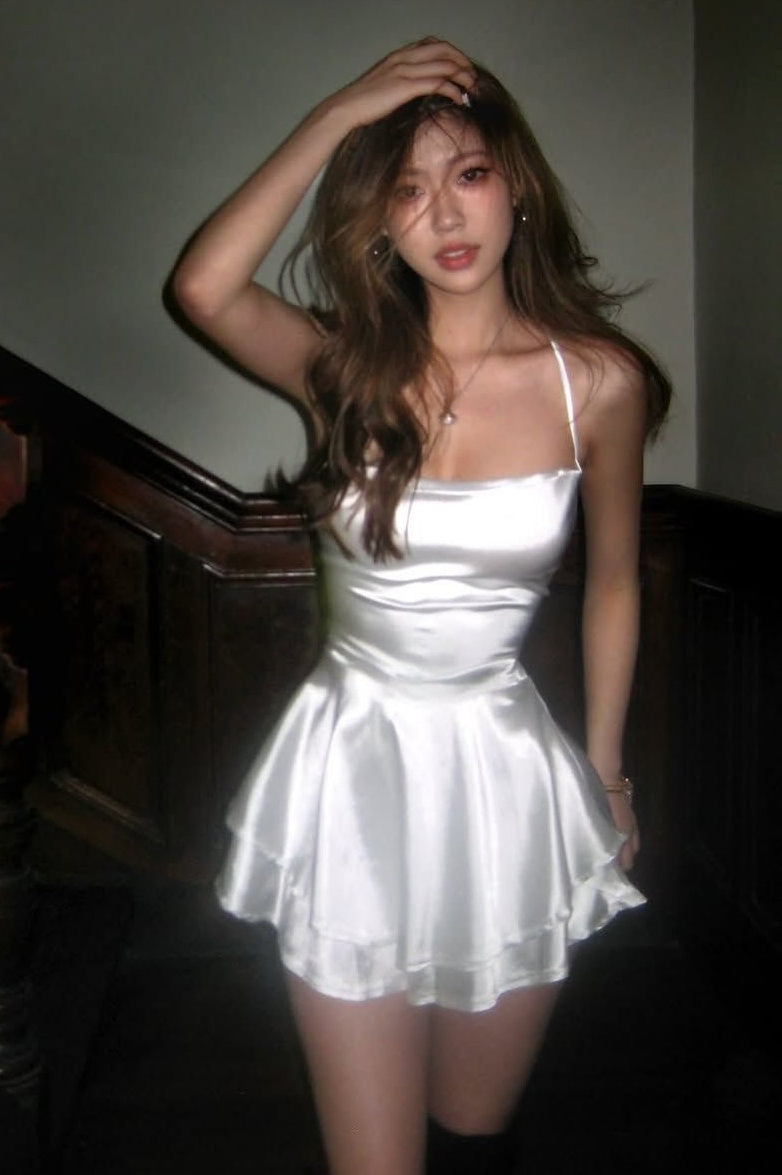 Simple A Line Spaghetti Straps White Satin Short Homecoming Dress with Criss Cross Back