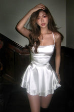 Load image into Gallery viewer, Simple A Line Spaghetti Straps White Satin Short Homecoming Dress with Criss Cross Back