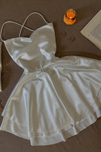 Load image into Gallery viewer, Simple A Line Spaghetti Straps White Satin Short Homecoming Dress with Criss Cross Back