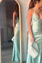 Load image into Gallery viewer, Simple Mermaid Spaghetti Straps Mint Green Long Prom Dress with Ruched
