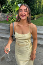 Load image into Gallery viewer, Simple Mermaid Spaghetti Straps Yellow Long Prom Dress with Criss Cross Back