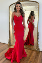 Load image into Gallery viewer, Simple Satin Red Mermaid Spaghetti Straps Long Prom Dress