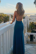 Load image into Gallery viewer, Simple Sheath Spaghetti Straps Blue Long Prom Dress with Criss Cross Back