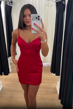 Load image into Gallery viewer, Simple Sheath Spaghetti Straps Red Short Homecoming Dress with Beading