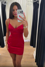 Load image into Gallery viewer, Simple Sheath Spaghetti Straps Red Short Homecoming Dress with Beading