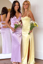 Load image into Gallery viewer, Simple Sheath Spaghetti Straps Yellow Long Prom Dress with Split Front