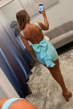 Load image into Gallery viewer, Simple Sheath V Neck Light Blue Short Homecoming Dress with Bowknot Back