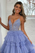 Load image into Gallery viewer, Lavender A Line Spaghetti Straps Lace Up Long Ruffle Tulle Prom Dress with Beading