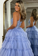 Load image into Gallery viewer, Lavender A Line Spaghetti Straps Lace Up Long Ruffle Tulle Prom Dress with Beading