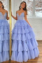 Load image into Gallery viewer, Lavender A Line Spaghetti Straps Lace Up Long Ruffle Tulle Prom Dress with Beading