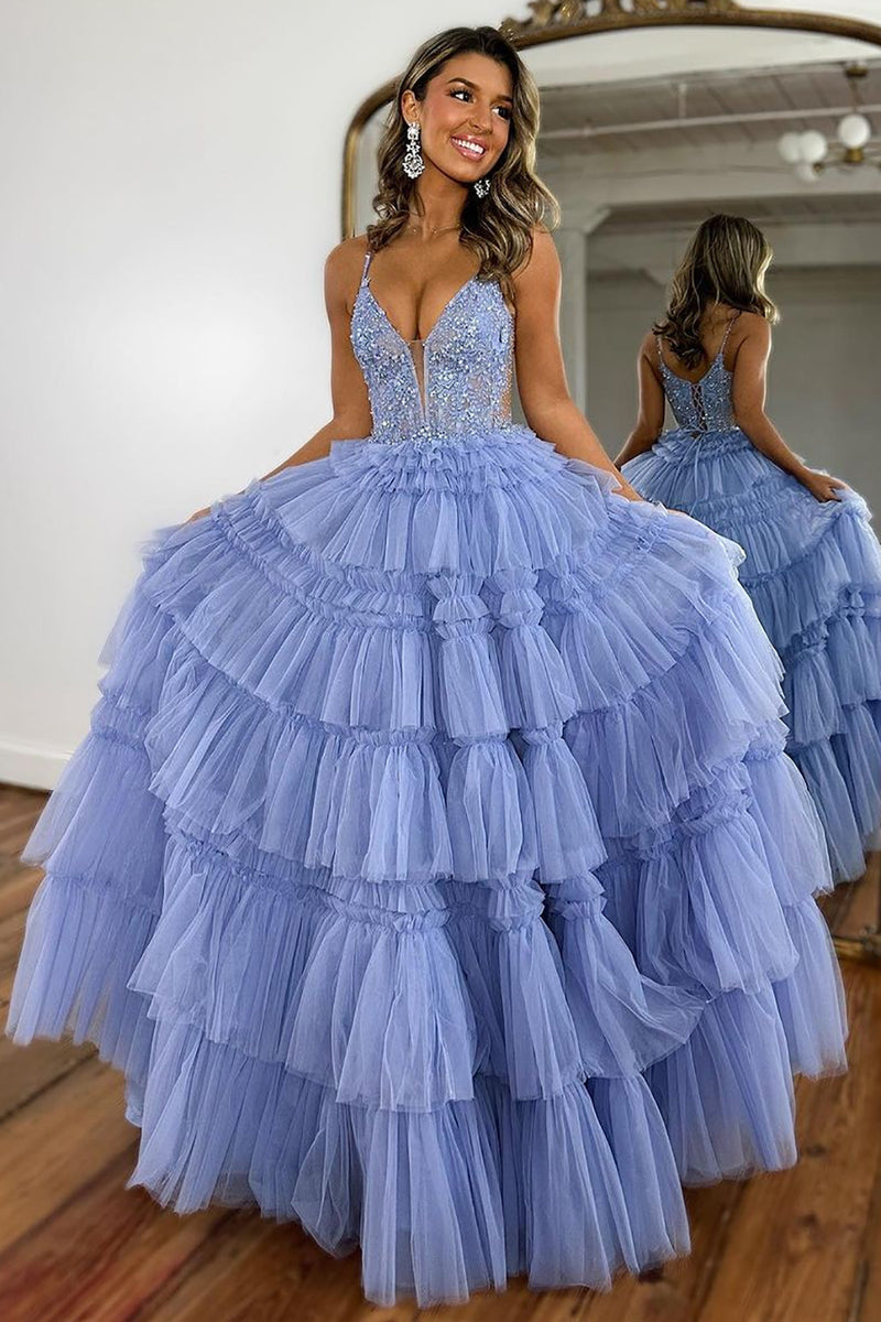 Sparkly Tulle Lavender Formal Prom Dress with Spaghetti Strapes main image 1
