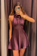 Load image into Gallery viewer, Soft Elegant Plum Satin Halter Neck A-Line Homecoming Mini Dress