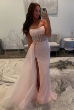 Load image into Gallery viewer, Sparkly Mermaid Strapless Pink Sequins Corset Prom Dress with Split Front