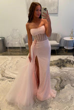 Load image into Gallery viewer, Sparkly Mermaid Strapless Pink Sequins Corset Prom Dress with Split Front