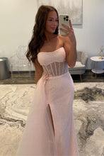 Load image into Gallery viewer, Sparkly Mermaid Strapless Pink Sequins Corset Prom Dress with Split Front