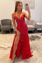 Load image into Gallery viewer, Stunning Mermaid Spaghetti Straps Red Long Prom Dress with Beading Ruffles