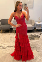 Load image into Gallery viewer, Stunning Mermaid Spaghetti Straps Red Long Prom Dress with Beading Ruffles