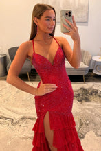 Load image into Gallery viewer, Stunning Mermaid Spaghetti Straps Red Long Prom Dress with Beading Ruffles