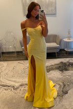 Load image into Gallery viewer, Sparkly Mermaid Off the Shoulder Yellow Long Prom Dress with Beading