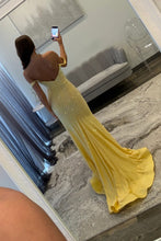Load image into Gallery viewer, Sparkly Mermaid Off the Shoulder Yellow Long Prom Dress with Beading