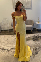 Load image into Gallery viewer, Sparkly Mermaid Off the Shoulder Yellow Long Prom Dress with Beading
