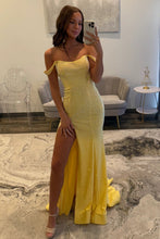 Load image into Gallery viewer, Sparkly Mermaid Off the Shoulder Yellow Long Prom Dress with Beading