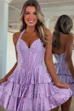 Load image into Gallery viewer, Sparkly A Line Halter Neck Purple Corset Homecoming Dress with Pearls