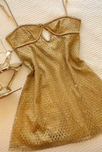 Load image into Gallery viewer, Sparkly A Line Spaghetti Straps Gold Sequins Short Homecoming Dress with Keyhole