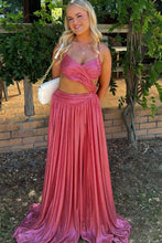 Load image into Gallery viewer, Sparkly A Line Spaghetti Straps Hot Pink Long Prom Dress with Criss Cross Back