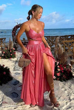 Load image into Gallery viewer, Sparkly A Line Spaghetti Straps Hot Pink Long Prom Dress with Criss Cross Back
