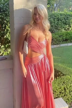 Load image into Gallery viewer, Sparkly A Line Spaghetti Straps Hot Pink Long Prom Dress with Criss Cross Back