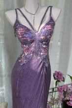 Load image into Gallery viewer, Sparkly A Line Spaghetti Straps Purple Long Prom Dress with Beading