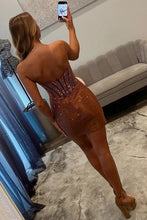 Load image into Gallery viewer, Sparkly Bodycon Sweetheart Brown Corset Homecoming Dress with Beading