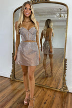 Load image into Gallery viewer, Sparkly Champagne Bodycon Cutout Waist Lace Up Short Beaded Homecoming Dress