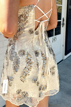 Load image into Gallery viewer, Sparkly Champagne Lace Homecoming Dress with Beaded Flowers and Cutout Bust