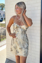 Load image into Gallery viewer, Sparkly Champagne Lace Homecoming Dress with Beaded Flowers and Cutout Bust