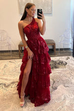 Load image into Gallery viewer, Dark Red A-Line Sequin One Shoulder Tiered Long Prom Dress With Slit