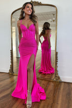 Load image into Gallery viewer, Fuchsia Beaded Mermaid Spaghetti Straps Lace Up Prom Dress With Slit